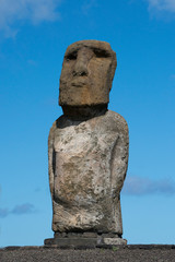 Chile, Easter Island, Hanga Nui. Rapa Nui National Park, Ahu Tongariki (aka Tonariki). Detail of large moai statue on the largest ceremonial platform in all of Polynesia. UNESCO