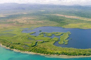 Belize aerial. Maya Mountains, Caribbean, mangroves