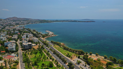Aerial drone bird's eye view of famous seascape of Athens Riviera, Voula, Attica, Greece