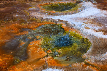 Located in the vast pools of geothermal activity at El Tatio, chemicals deep in the earth are creating these textures and colors.