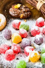 candies and cookies with icing sugar