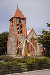 Fototapeta na wymiar South Atlantic, Falkland Islands, Stanley. A whale bone arch in front of Christ Church Cathedral. 
