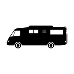 Motorhome icon. House on wheels. Black silhouette. Side view. Vector drawing. Isolated object on a white background. Isolate.