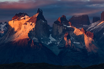 Paine Massif at sunset, Torres del Paine National Park, Chile, Patagonia