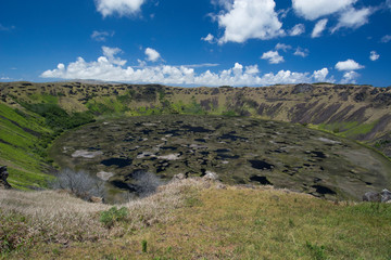 Easter Island aka Rapa Nui, Orongo, Rapa Nui National Park. Rano Kau, the largest volcanic crater...