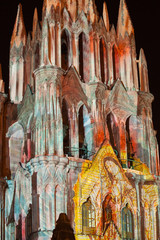 Mexico, San Miguel de Allende. Laser light show on La Parroquia cathedral at night. Credit as: Don Paulson / Jaynes Gallery / DanitaDelimont.com