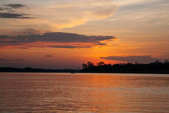 Sunset on the Ucayali River which is located in the Amazon Basin of Peru.