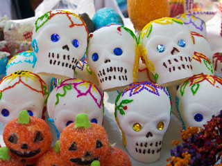 Fototapeta na wymiar Mexico, Dolores Hidalgo, Candy Sculls Laid out for Sale During Day of the Dead Celebration