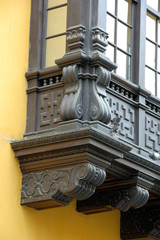 Peru, Lima. Plaza de Armas (aka Plaza Mayor), detail of Moorish balcony.