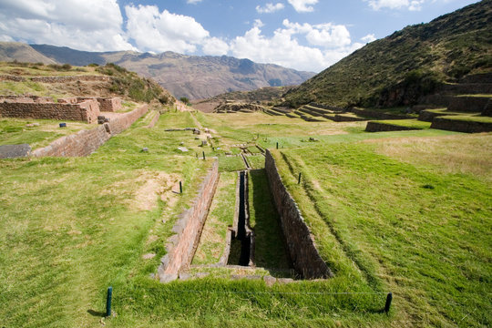 South America - Peru. Inca site of Tipon with terracing and irrigation system lies southeast of Cusco.