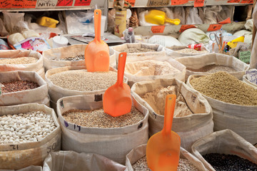 Mexico, San Miguel de Allende. Display of dry goods in market. Credit as: Don Paulson / Jaynes...