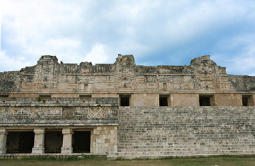 Fototapeta na wymiar North America, Mexico, Yucatan, Uxmal. One wall of the Nunney or Cuadrangulo de las Monjas