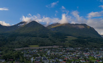 Orsta Norway cityscape. Panoramic aerial view from drone at sunset in july 2019