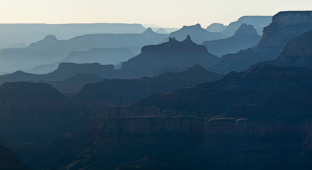 USA, Arizona, Grand Canyon National Park. Panorama of buttes in haze from Desert View