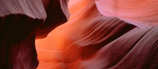 USA, Arizona, Antelope Canyon. Sunlight enhances the sandstone striations in Antelope Canyon,...