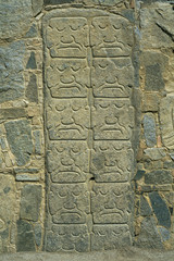 Peru, Sechin, pre-Inca ruins, Warrior, carvings, ca. 1500 B.C.