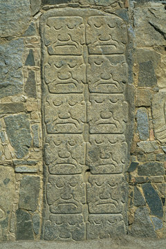 Peru, Sechin, pre-Inca ruins, Warrior, carvings, ca. 1500 B.C.