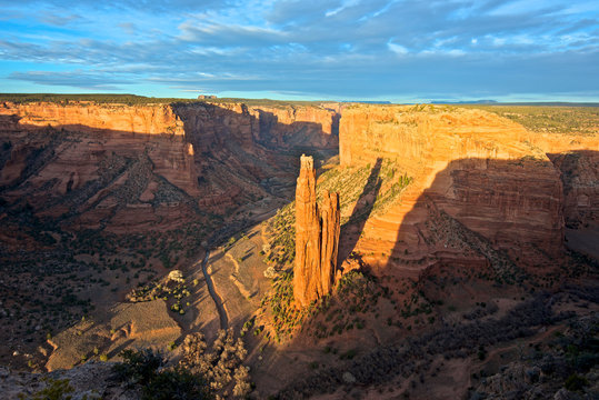 Spider Rock in Canyon de Chelly, Arizona, soars 600 feet into the desert sky from the bottom of an 800 foot canyon.