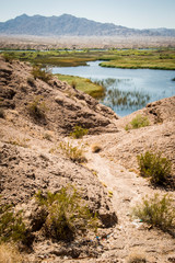 USA, Arizona, Drought Spotlight number 3, Rte 66 Expedition, north of Lake Havasu City, wash leading into Colorado River