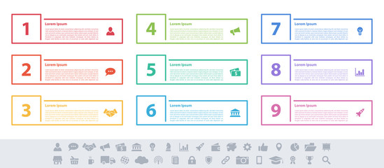 Infographic design business concept vector illustration with 9 steps or options or processes represent work flow or diagram or web button banner