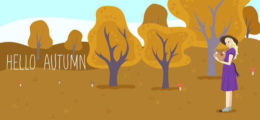 Girl holds a basket with mushrooms. Forest Glade. Vector graphics.
