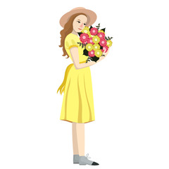 Girl holds flowers isolate on a white background. Vector graphics.