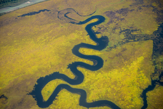 Aerial of Tlikakita River, Lake Clark National Park and Preserve, Katmai, Alaska, USA.