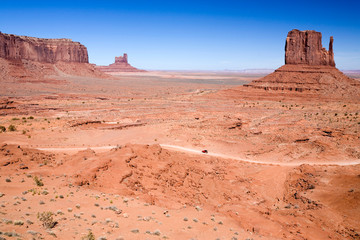 Fototapeta premium USA, Arizona, Monument Valley. The Mittens as seen from the Monument Valley Navajo Tribal Park's visitor center.