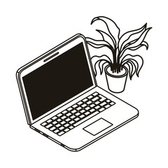 laptop with houseplant on white background