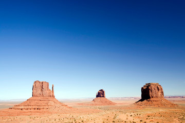 USA, Arizona, Monument Valley. The Mittens as seen from the Monument Valley Navajo Tribal Park's visitor center.