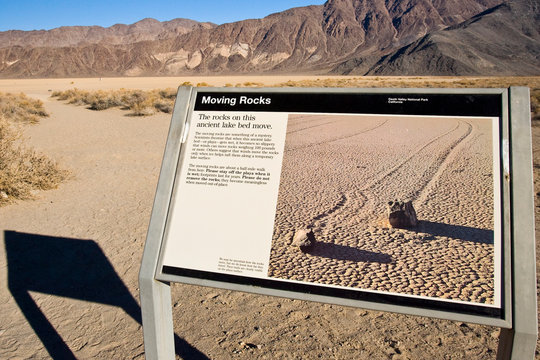 USA, California, Death Valley National Park. National Park Service Information Sign Discussing The Racetrack Playa Phenomenon.