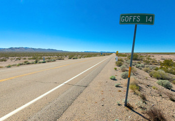 Route 66, few sections of the iconic historic Route 66 remain intact, but this one segment, seen at the junction with Highway 95 to Goffs in California, is still intact.