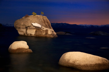 USA, California, Lake Tahoe. Close-up of Bonsai Rock at sunset. 