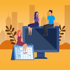 group of people with desktop characters