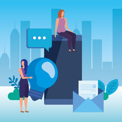 young women with smartphone characters