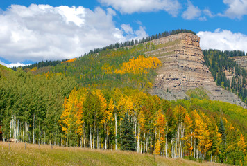 Fall colors and rock formations along Highway 550 between Durango and Silverton, Colorado