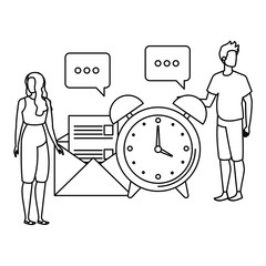 young couple with alarm clock characters