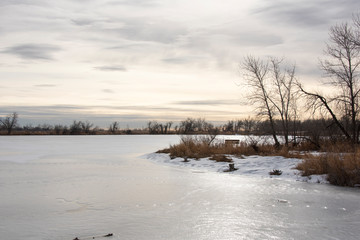 USA, Colorado, Fort Collins Riverbend Ponds natural area. Solidly frozen