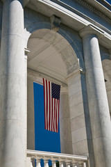 USA, VA, Arlington. American Flags are hung around the Ampitheater located adjacent to the Tomb of...