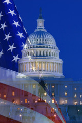 USA, Washington, DC. Digital composite of American flag superimposed over US Capitol building. 