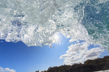 Fisheye view of wave breaks at Hapuna Beach, Big Island, Hawaii