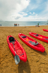USA, Kauai, Hawaii. Kayaks ready for use on beach near Princeville.