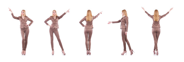 Young blond businesswoman pressing virtual button isolated on wh
