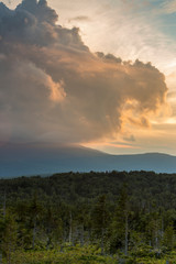 Fototapeta na wymiar Summer storm clouds form on Saddleback Mountain as seen from a logging road on Farmer Mountain in Mount Abram Township, Maine