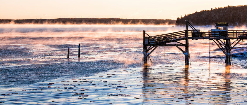 USA, Bar Harbor, Maine. Winter Sunrise At The Harbor.