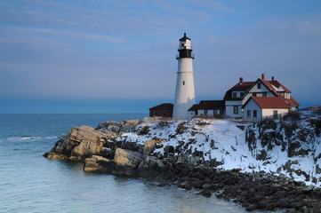 Portland Head, Cape Elizabeth, winter, Casco Bay, Gulf of Maine, Maine, USA.