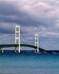 USA, Michigan, Straits of Mackinac. A sleek suspension bridge spans the Straits of Mackinac, Michigan.