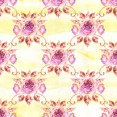 Watercolor roses seamless pattern. Seamless texture with boho roses. Hand painted vintage gardening background.
