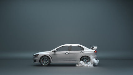 car side view moves with a slip. smoke comes from under the wheels