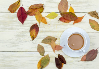 Autumn background. White Cup of coffee on a light wooden table, lying around the fallen colorful autumn leaves. Top view. Flat lay.